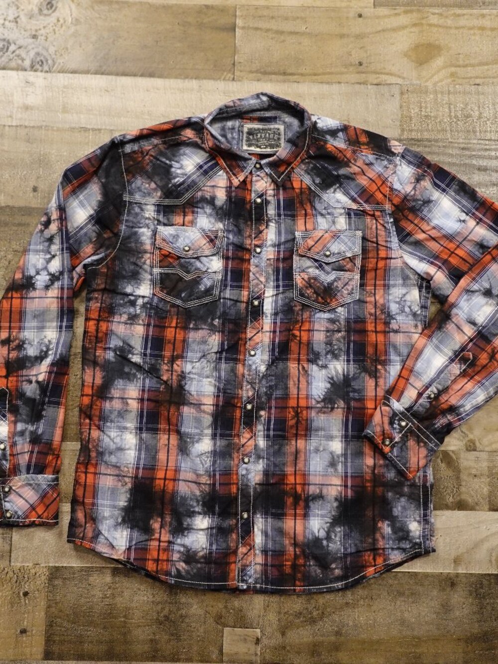 BKE Vintage Plaid Shirt Men’s XL Orange Black‎ Tie Dye Western Pearl Snap